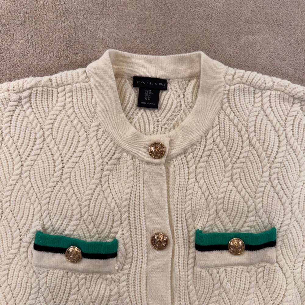 Tahari Cable Knit Cardigan Gold Button Preppy Old Money Quiet Luxury Cream Sz M - Picture 5 of 11